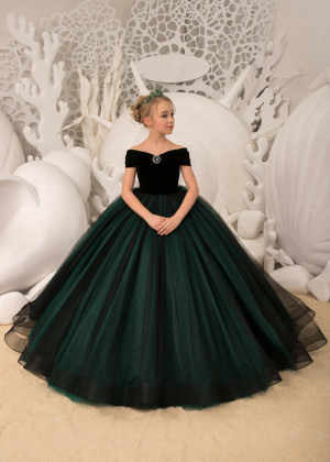 Off Shoulder Black And Green Velvet Tulle Formal Flower Girl Dress